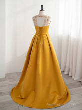 Scoop Neckline Satin Yellow Long Prom Dresses, Yellow Formal with Beading Sequin